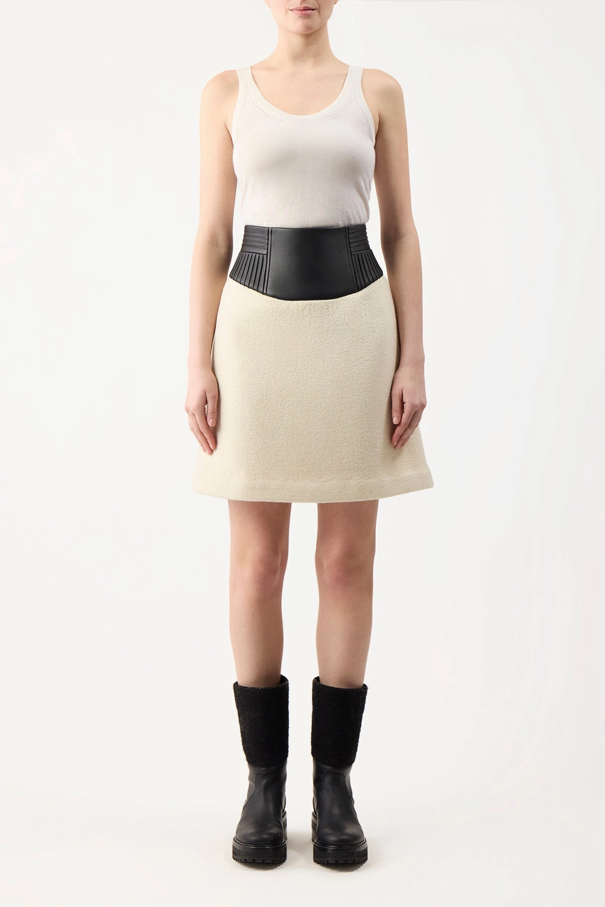 Outfit Mix Elastic hemline Felix Mini Skirt in Ivory Double-Face Recycled Cashmere Felt with Nappa Leather Waistband