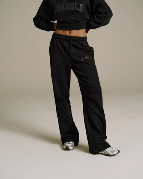 Varsity Loose Fit Straight Leg Sweatpants - Black Anti Slip Waistband Essential Look