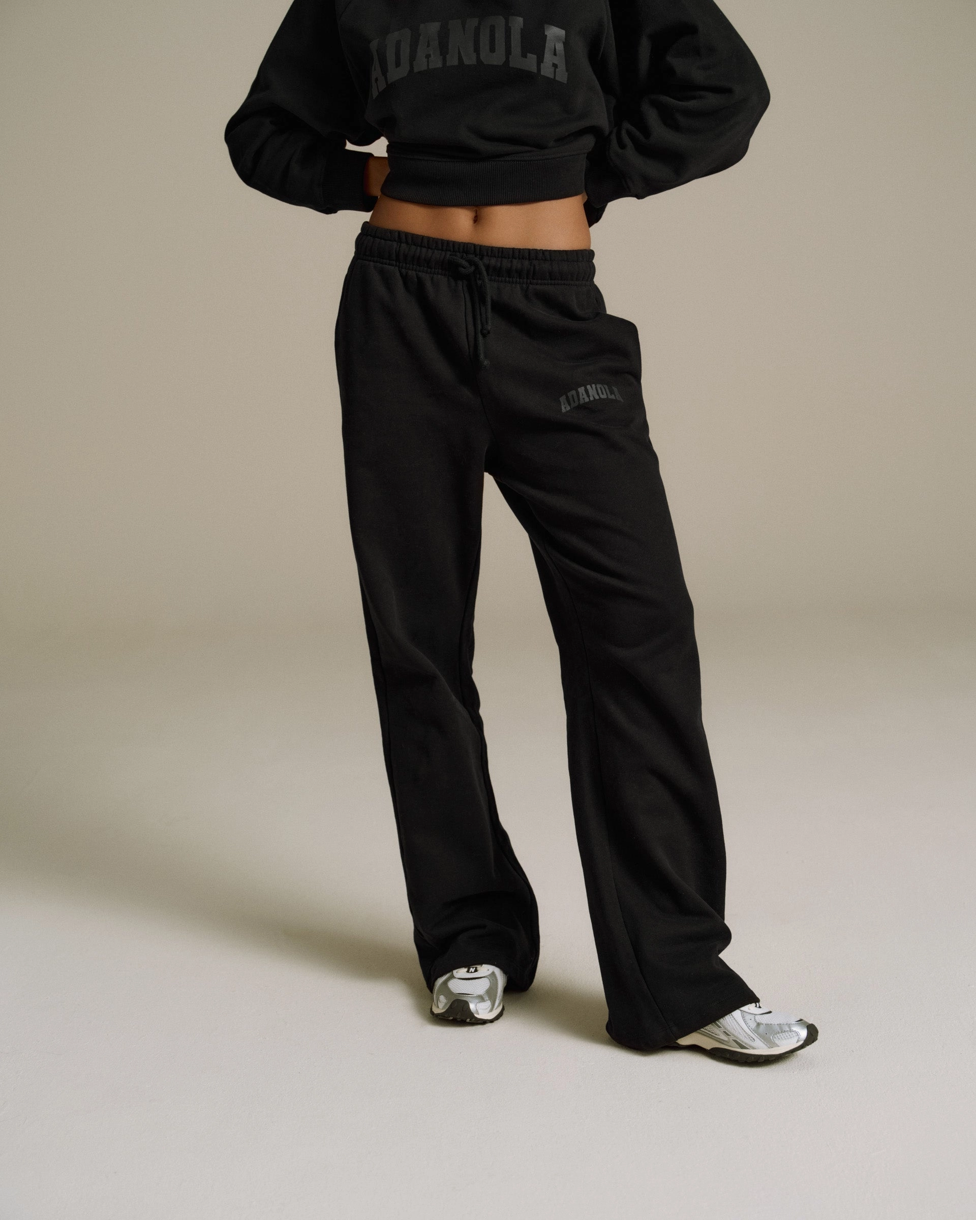 Varsity Loose Fit Straight Leg Sweatpants - Black Anti Slip Waistband Essential Look
