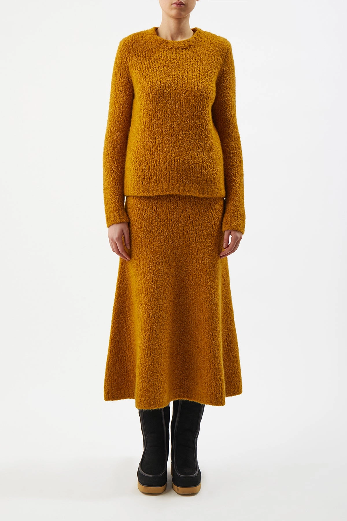 Adjustable Hem Pablo Knit Midi Skirt in Saffron Cashmere Silk Boucle