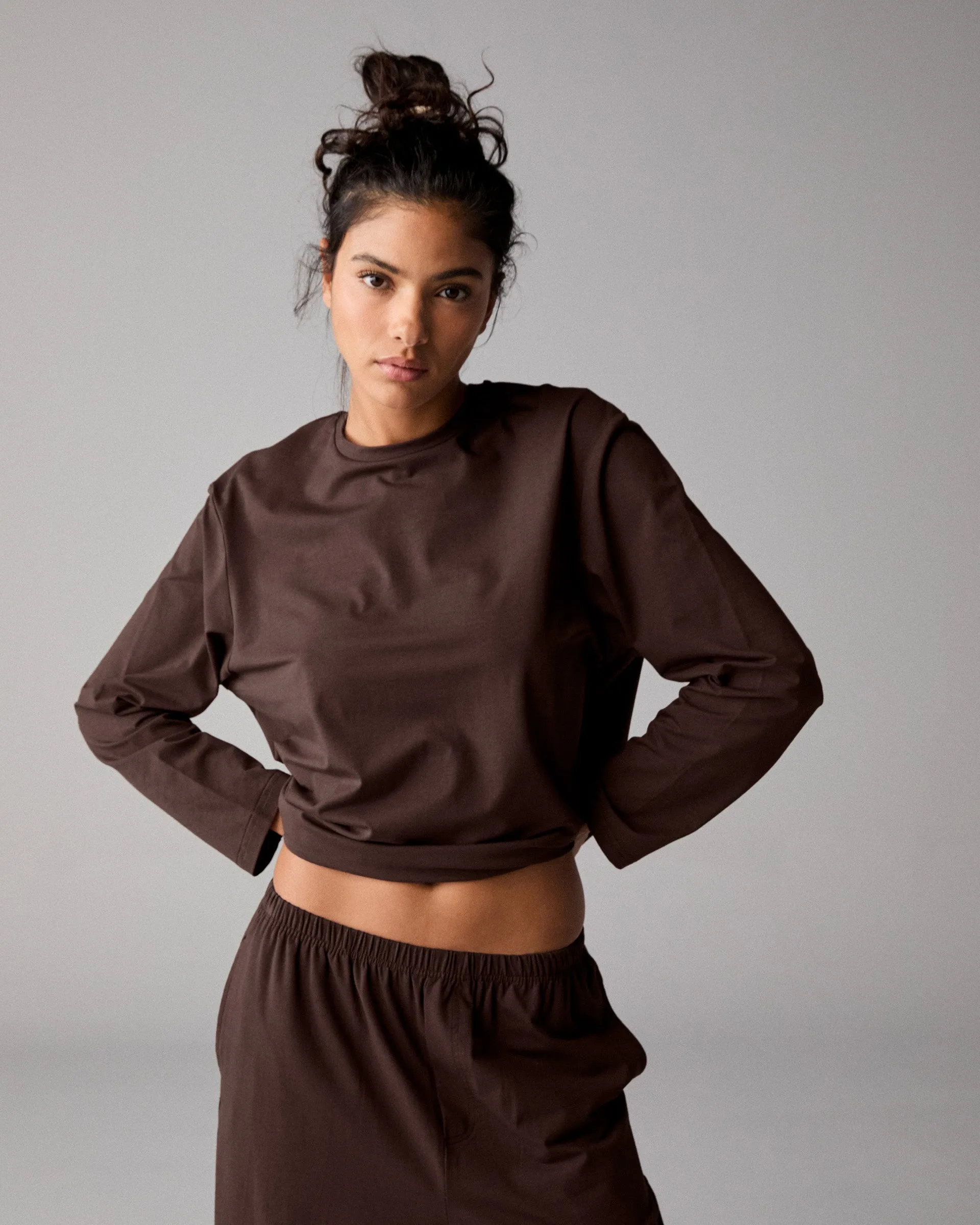 Modal Long Sleeve Oversized T-shirt - Chocolate Brown Bonded Hemline AntiPillingFinish