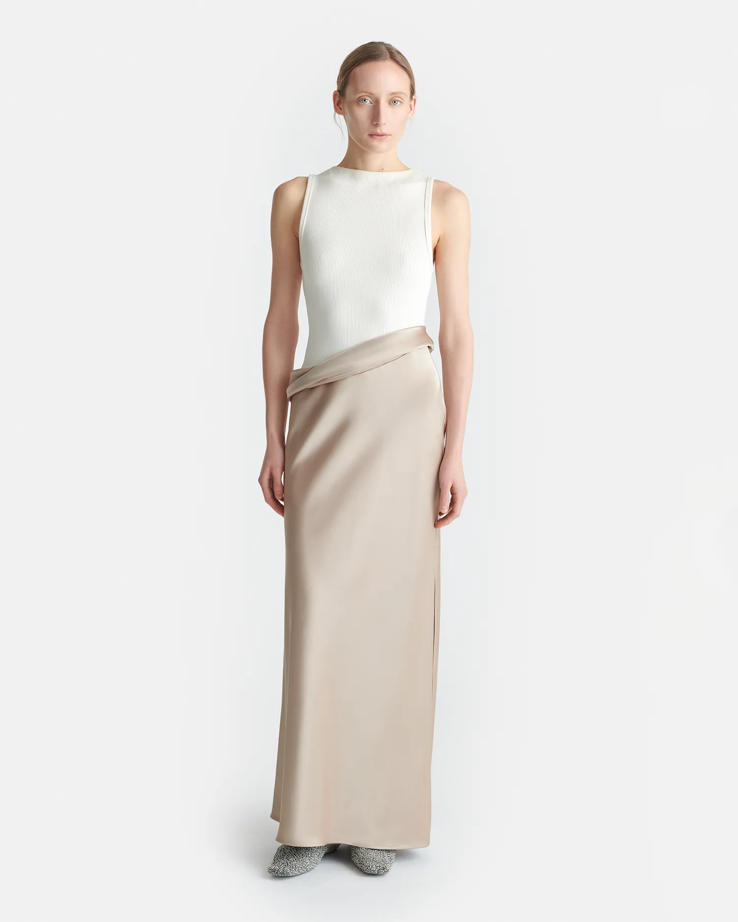Cobee - Ribbed Jersey and Slip Satin Dress - Dune/Creme Functional Style Cool Undertone