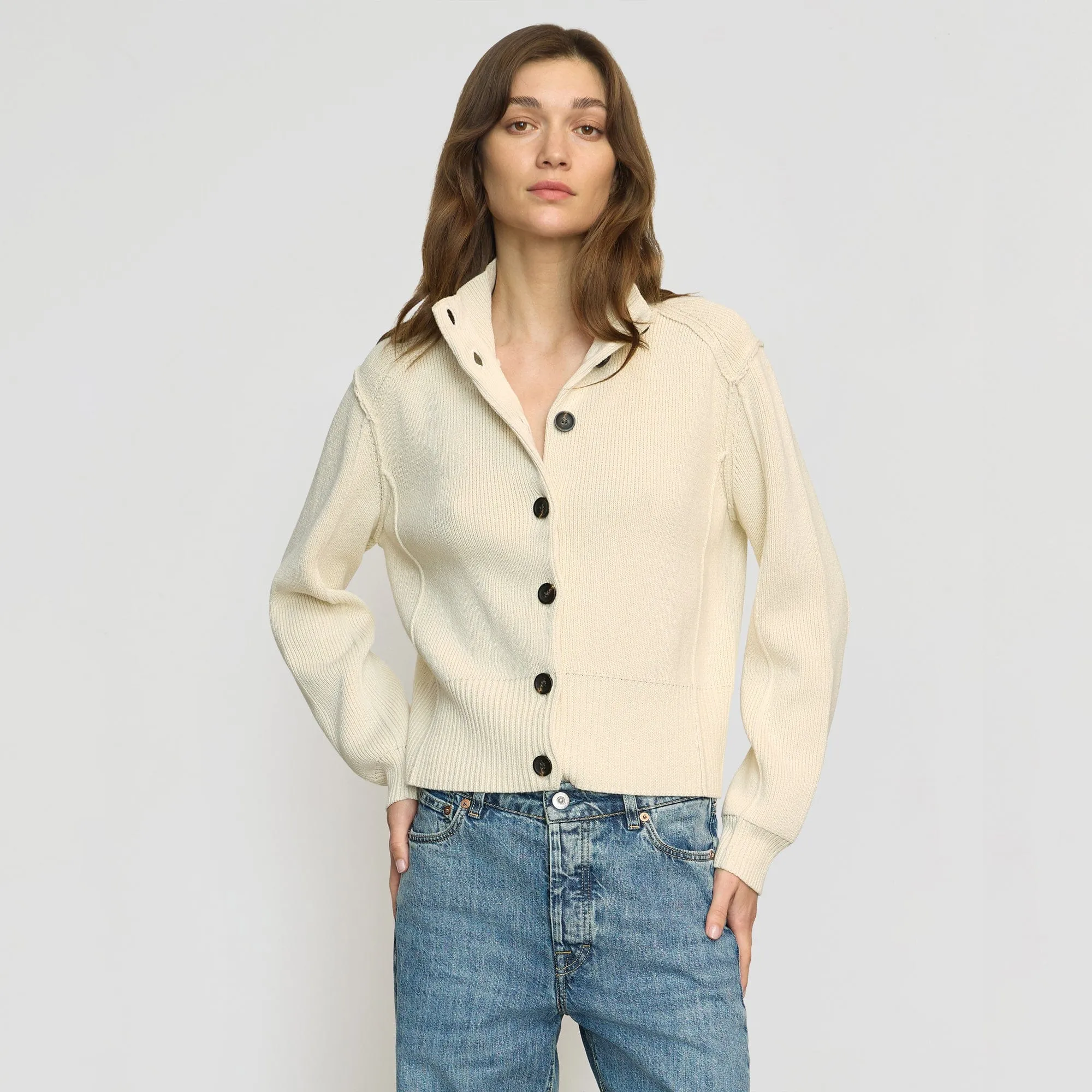 Temperature Regulating Fabric Soft Layers Clove Button Mock-Neck Knit Cardigan