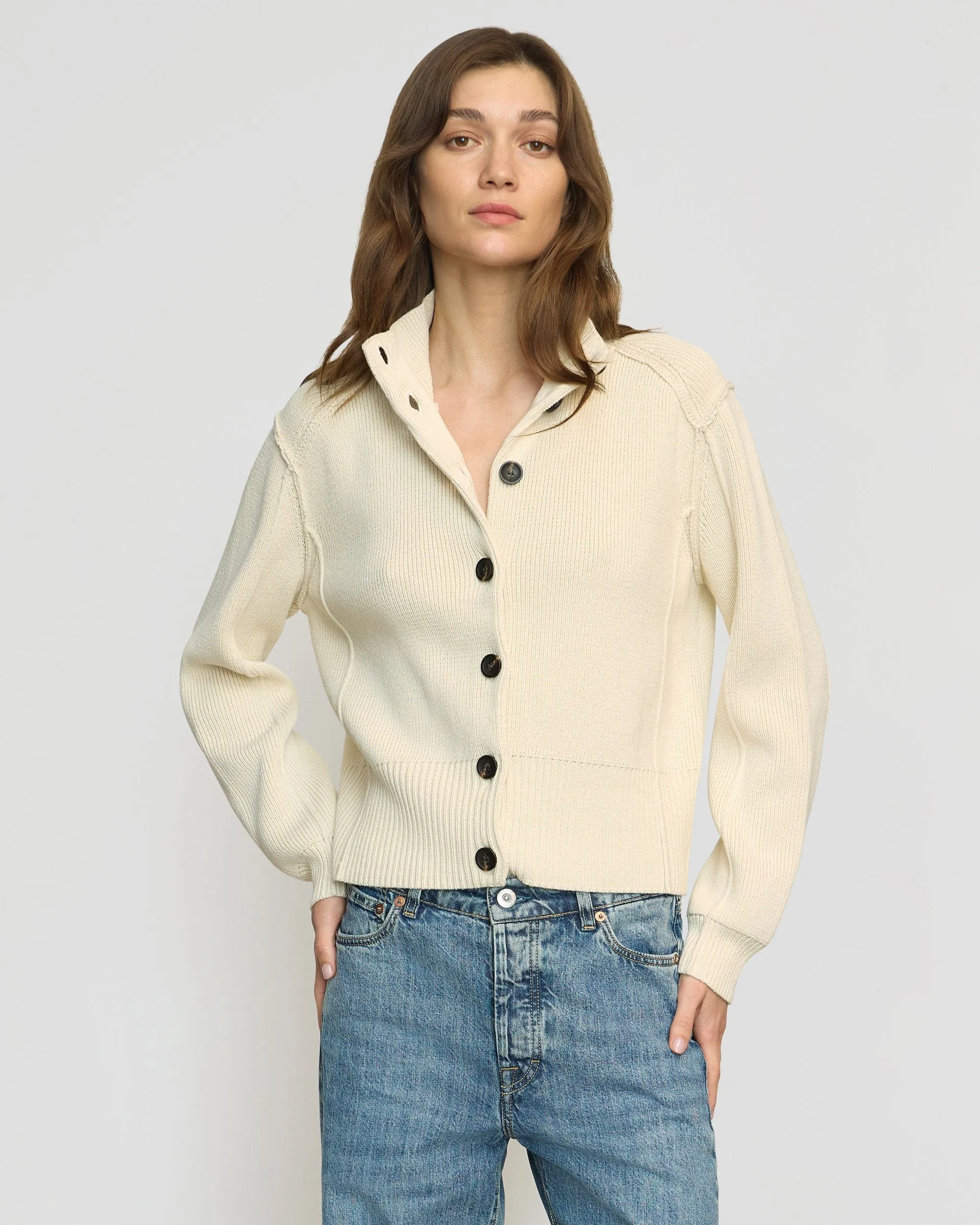 Thermal Insulation Technology Breathable Knitwear Clove Button Mock-Neck Knit Cardigan