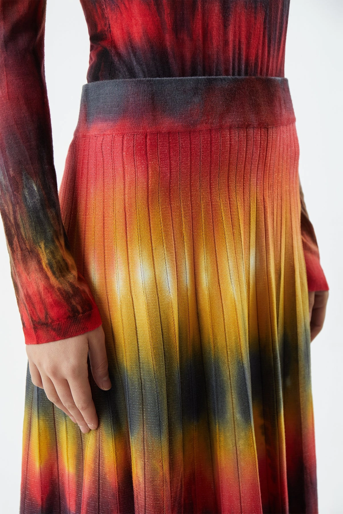 Sporty Edge Ella Knit Midi Skirt in Fire Tie Dye Cashmere