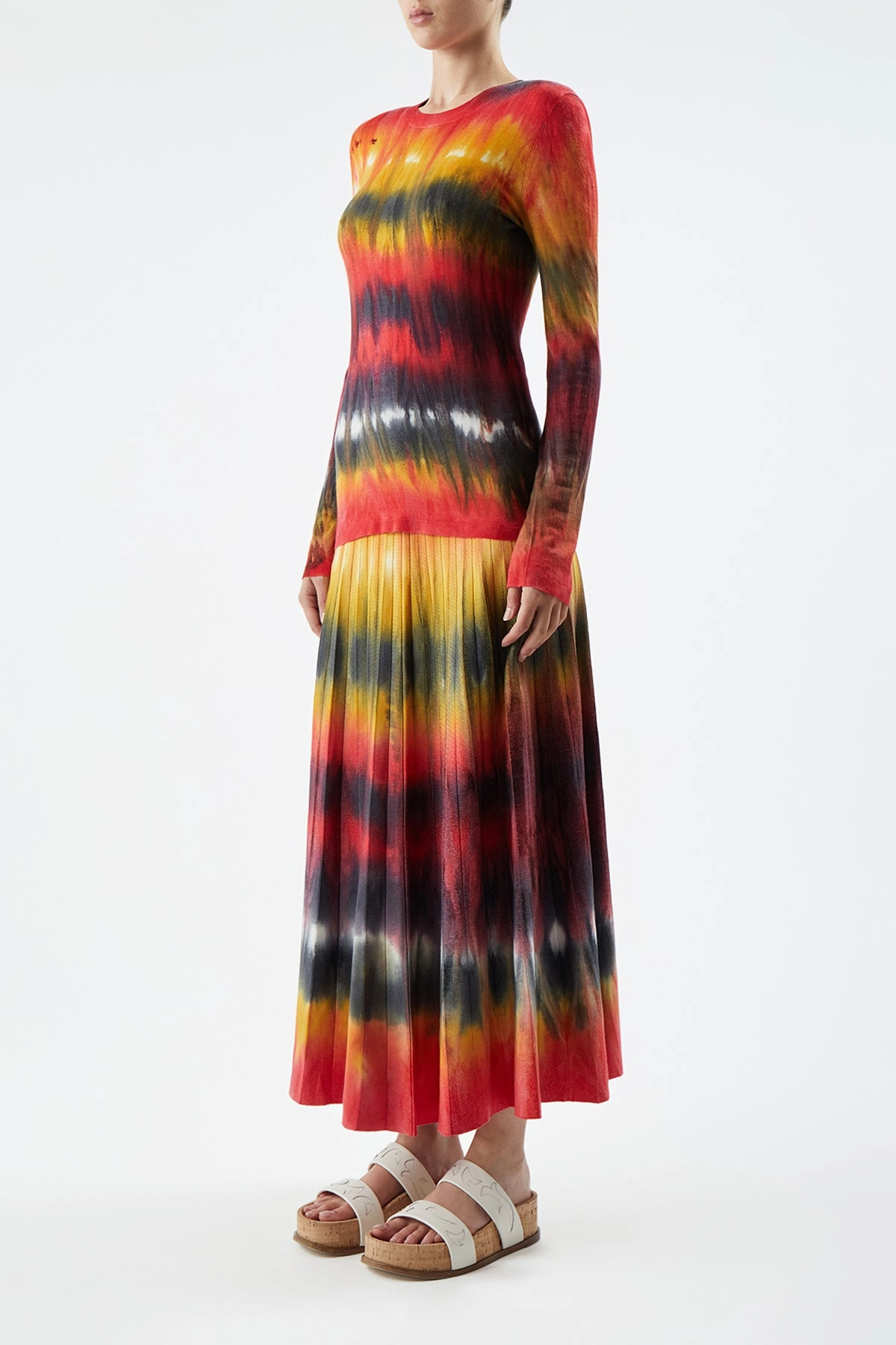 Ella Knit Midi Skirt in Fire Tie Dye Cashmere High low hem