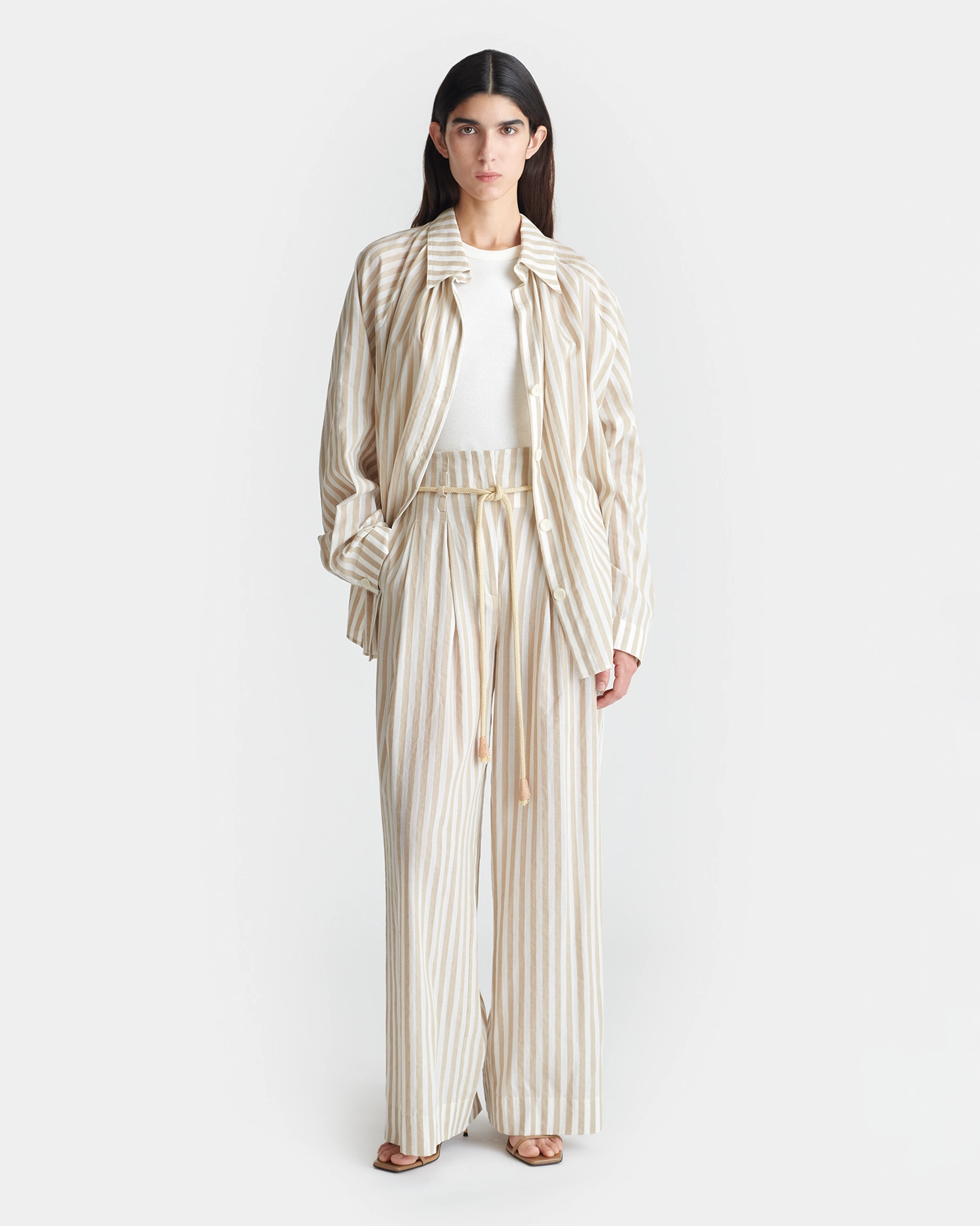 Ada - Striped Linen Shirt - Beige Mesh Insert