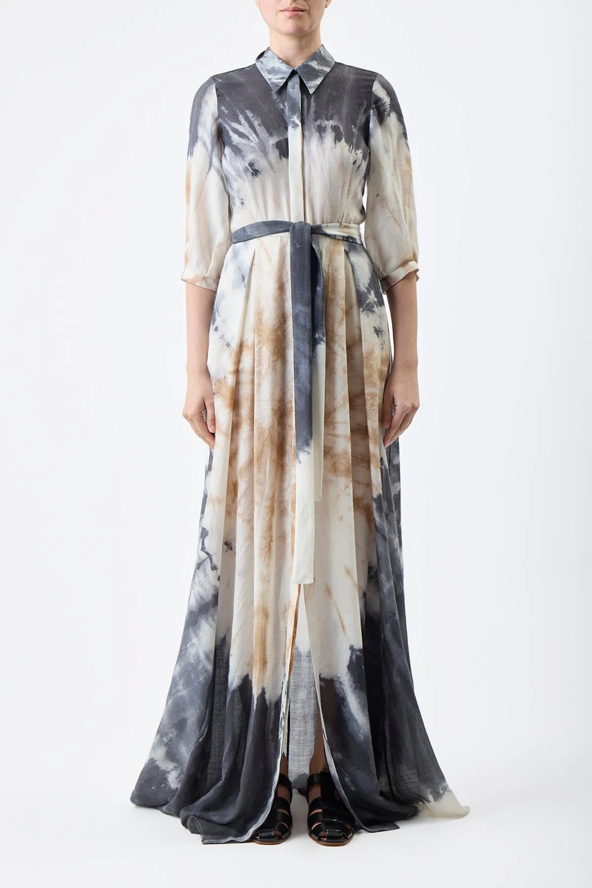 Linen Love Refined touch Daisy Pleated Maxi Shirtdress in Camel Multi Tie Dye Cashmere Silk Gauze