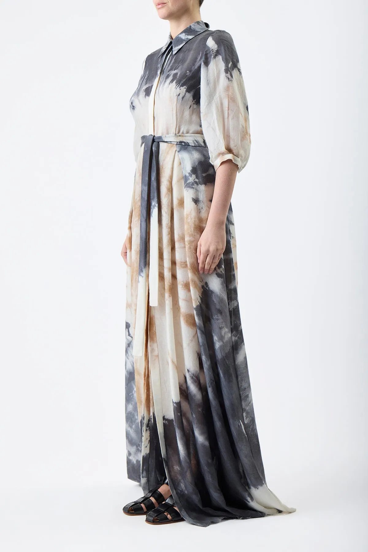 museum visit Daisy Pleated Maxi Shirtdress in Camel Multi Tie Dye Cashmere Silk Gauze