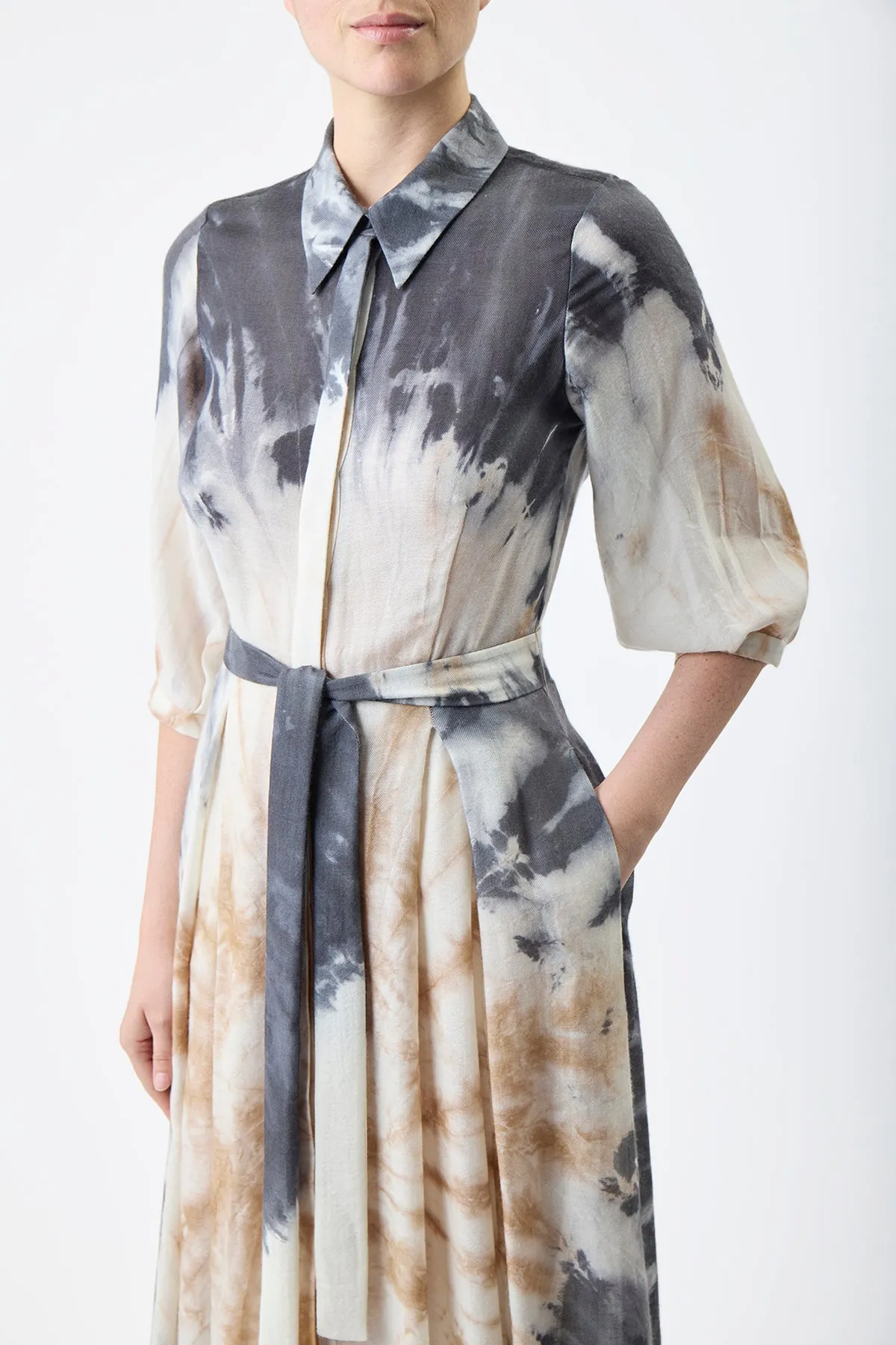 Classic structured dress London Cool Daisy Pleated Maxi Shirtdress in Camel Multi Tie Dye Cashmere Silk Gauze