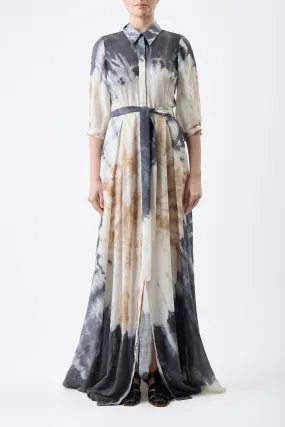 Linen Love Refined touch Daisy Pleated Maxi Shirtdress in Camel Multi Tie Dye Cashmere Silk Gauze