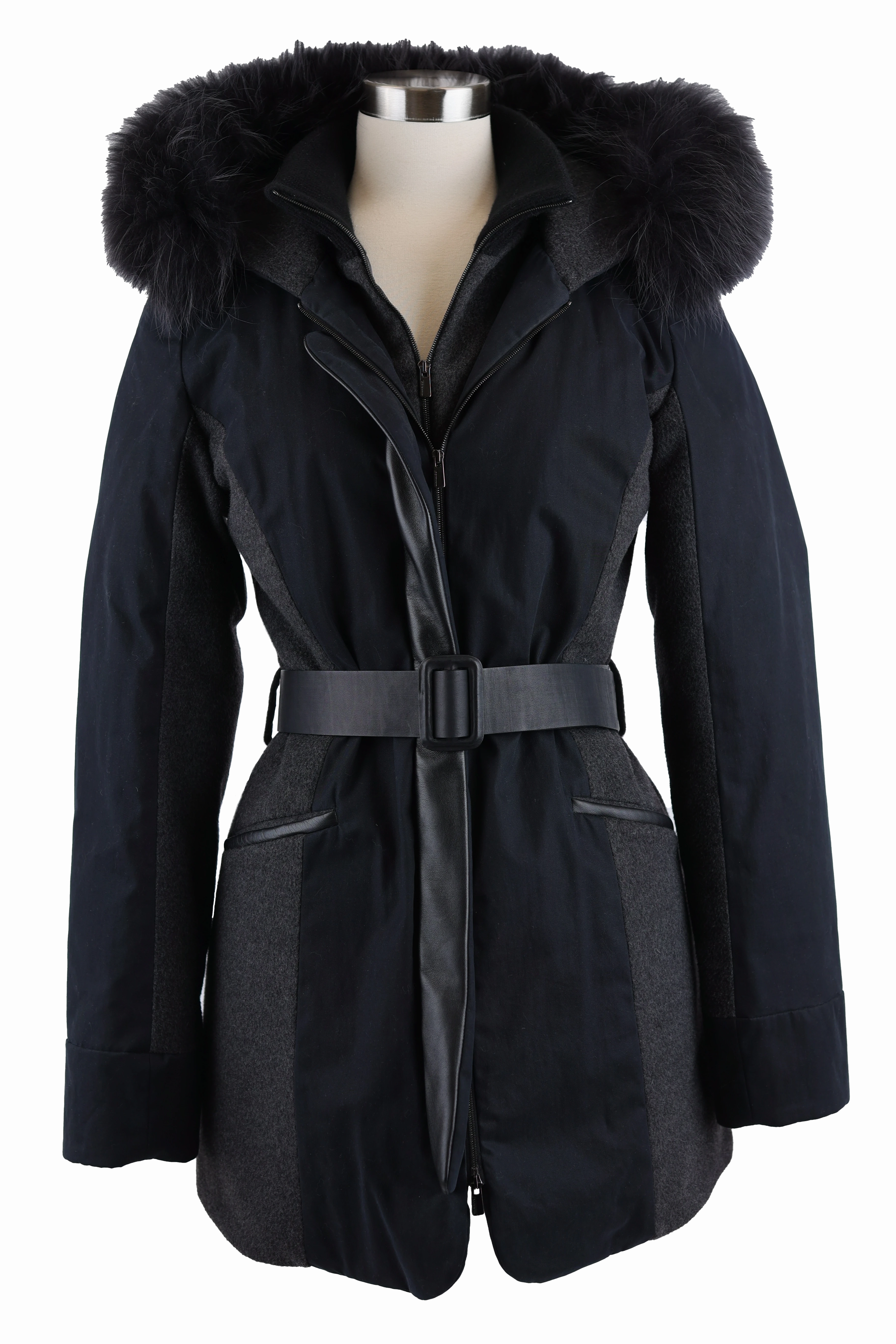 Convertible Cuff System Cashmere Blend Belted Parka W/ Fur Hood