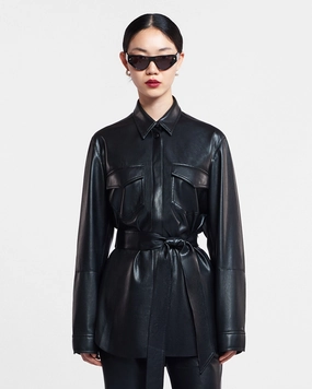 Laser Cut Edge Detail Regular Fit Artha - Okobor? Alt-Leather Shirt - Black