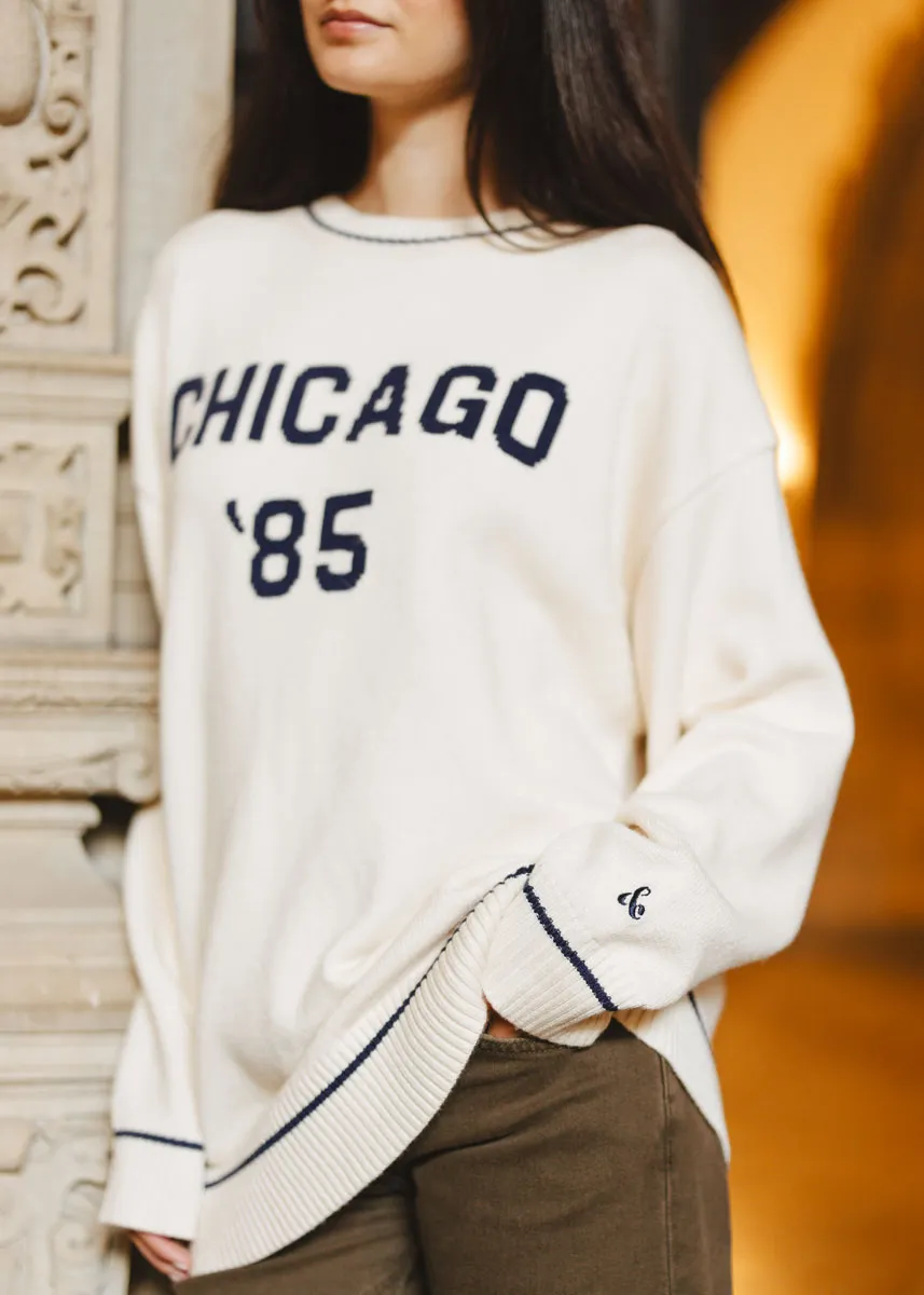Seasonal Must-Have Cozy Knit Touch Chicago '85 Oversized Stripe Cuff Sweater - Cream