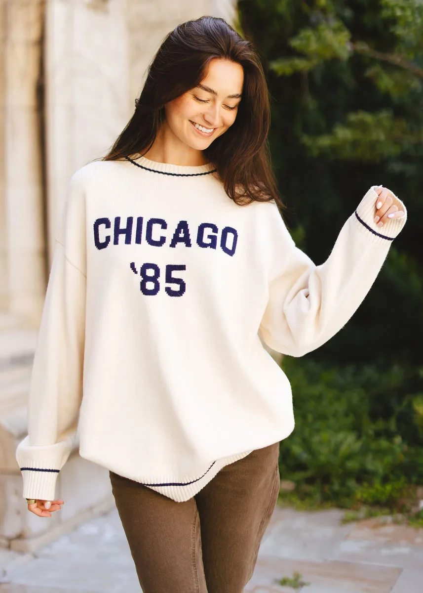 Casual Knit Comfy Vibes Chicago '85 Oversized Stripe Cuff Sweater - Cream