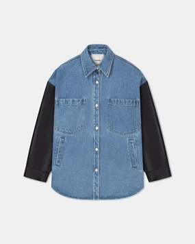 Zinnie - Denim and Regenerated Leather Shirt - Mid Blue-Black No Slip Shoulder Grips