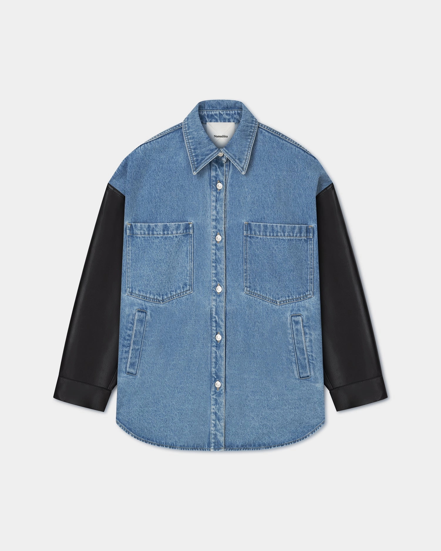 Zinnie - Denim and Regenerated Leather Shirt - Mid Blue-Black No Slip Shoulder Grips