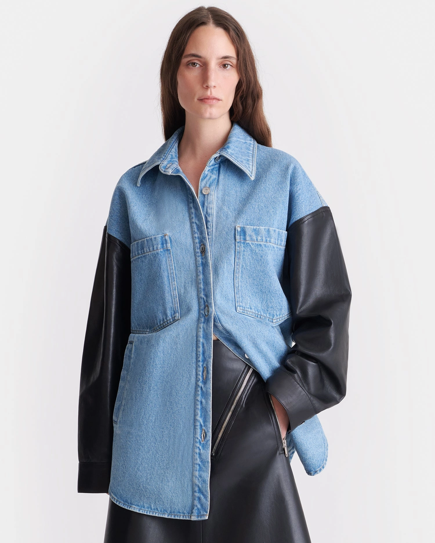 Zinnie - Denim and Regenerated Leather Shirt - Mid Blue-Black High-End Fabric