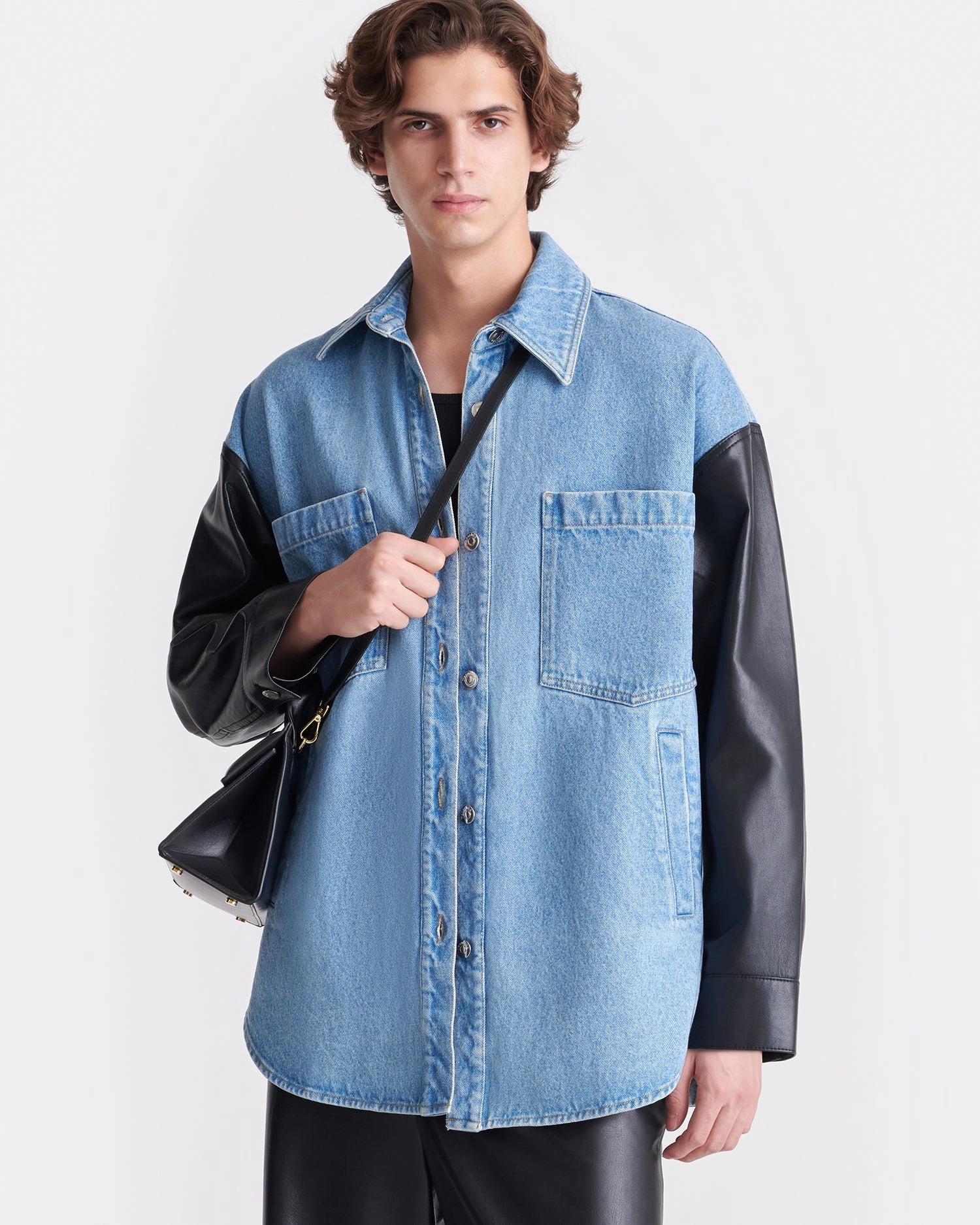 Zinnie - Denim and Regenerated Leather Shirt - Mid Blue-Black Weekend Casual