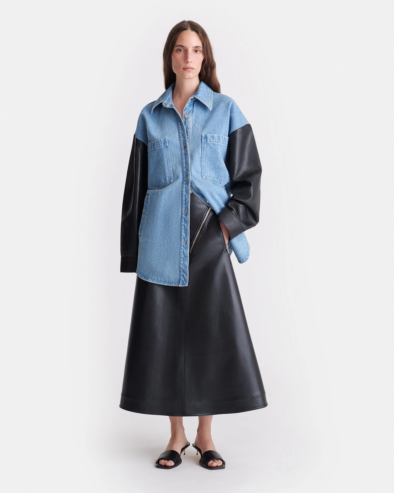 Timeless Design Essential Wardrobe Zinnie - Denim and Regenerated Leather Shirt - Mid Blue-Black