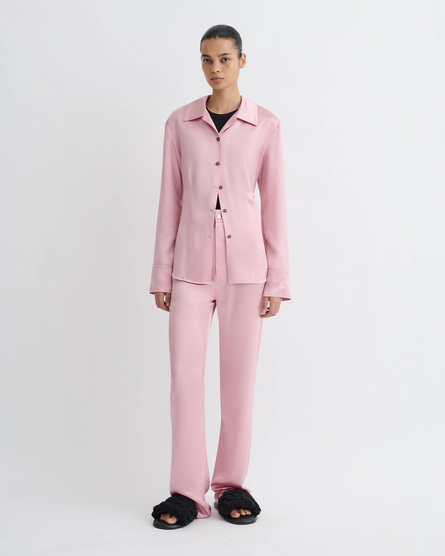 Nathalie - Slip Satin Shirt - Pink Ribbed Trim