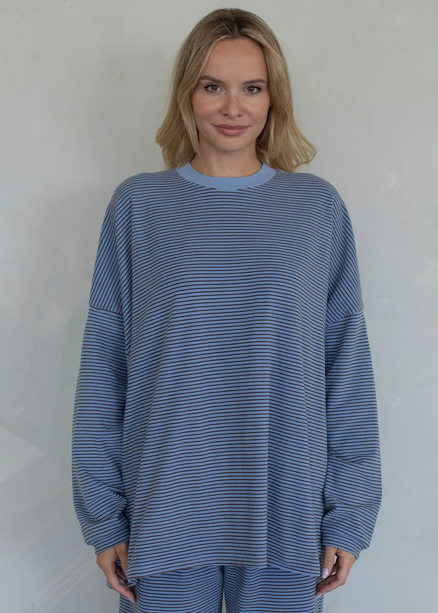 Soft Waistband Comfy Knit Outfit Ramona Striped Fleece Oversized Top - Blue