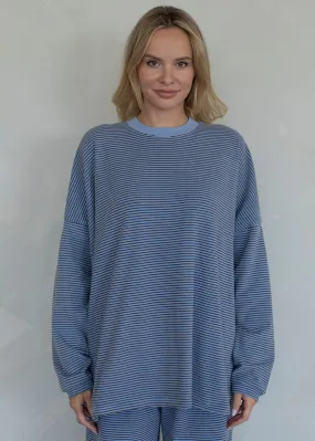 Soft Waistband Comfy Knit Outfit Ramona Striped Fleece Oversized Top - Blue