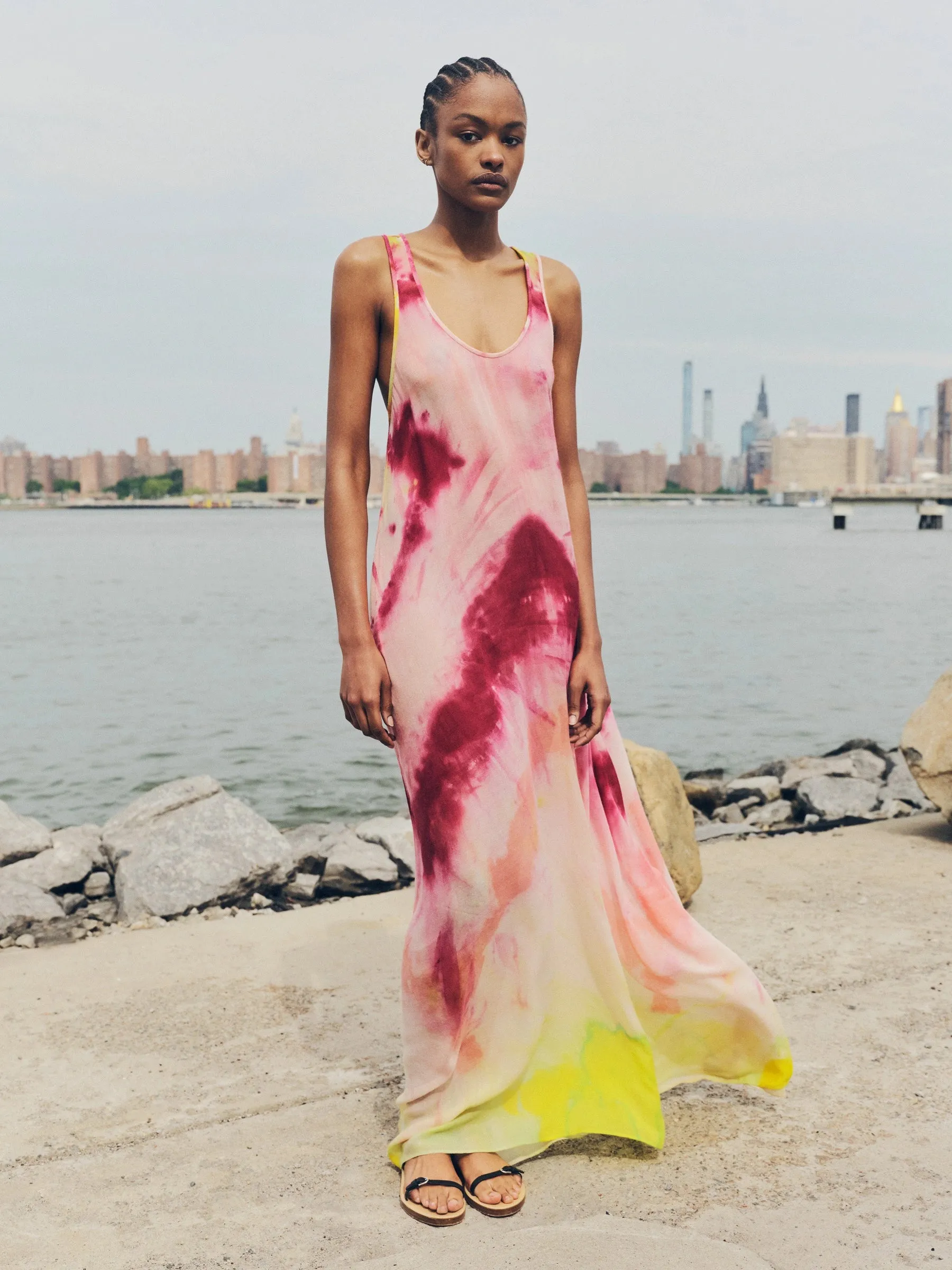 Niki Dress in Multi Tie Dye Cashmere Button Accent Chic Everyday Wear