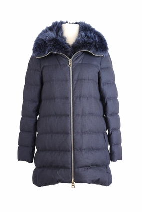 Seamless Shoulder Design Cashmere Silk Down Coat w/ Fur Collar