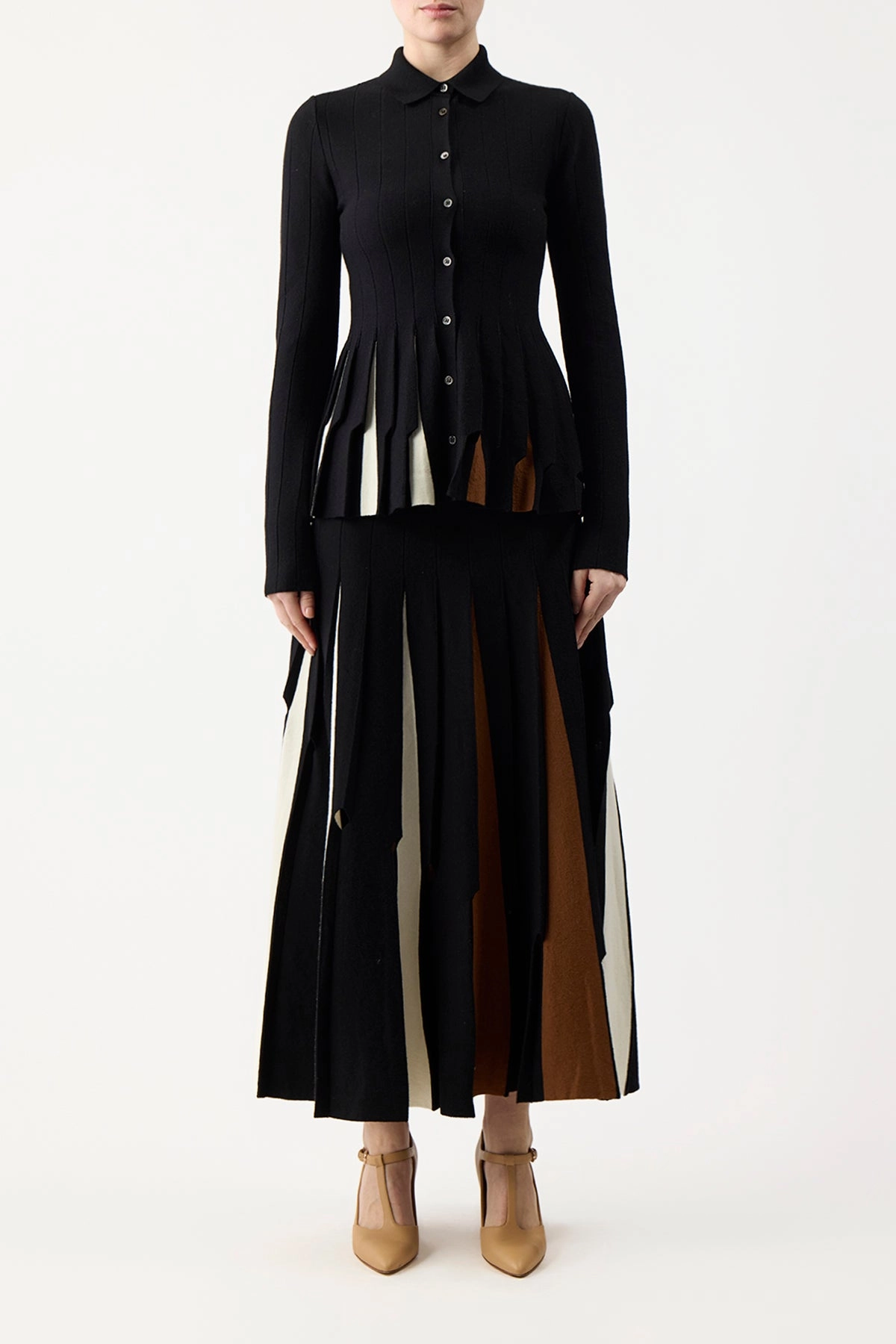 Draped Silhouette Art Gallery Visit Olya Pleated Knit Midi Skirt in Black Multi Merino Wool