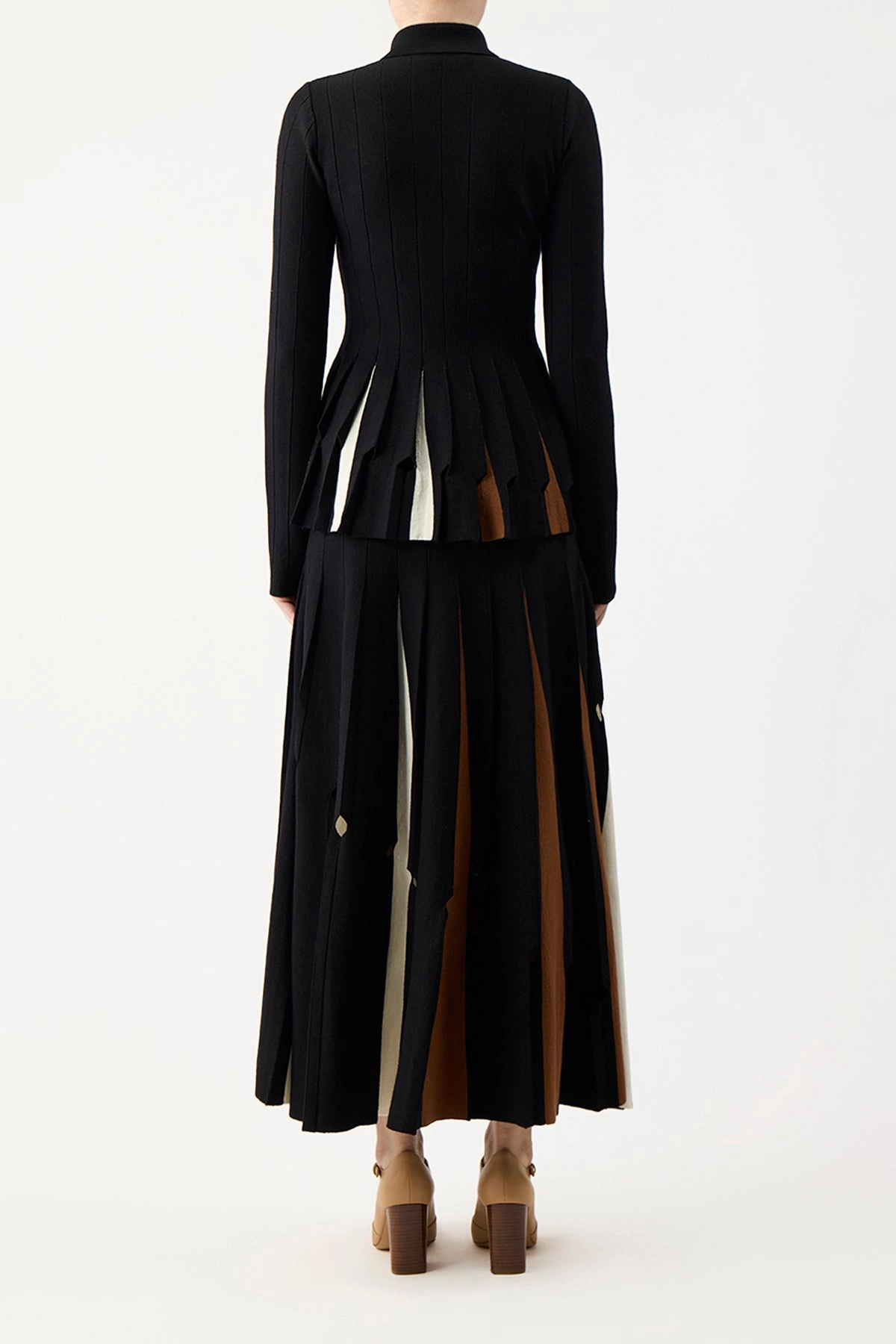 Couture Inspired Olya Pleated Knit Midi Skirt in Black Multi Merino Wool