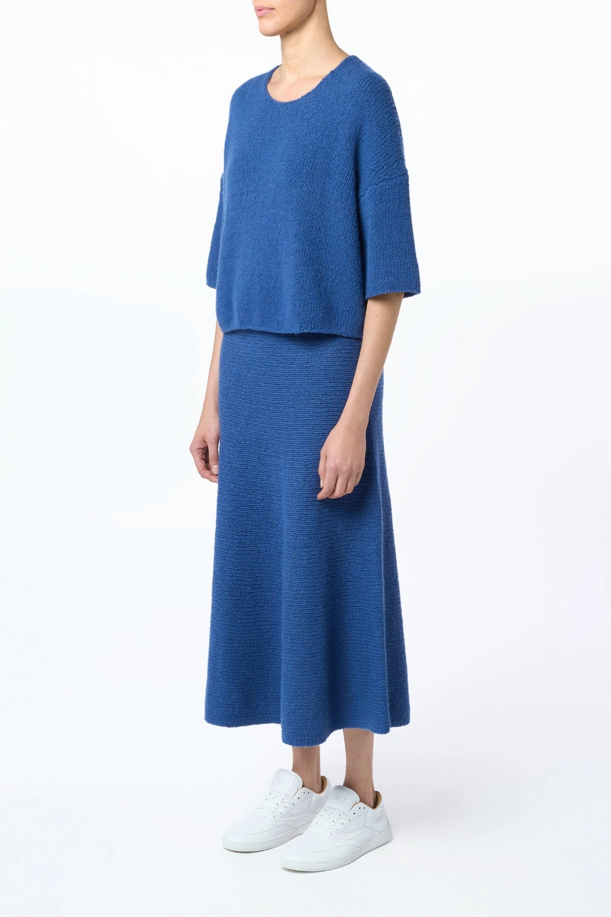 Ostara Knit Maxi Skirt in Dark Blue Denim Cashmere Quick Wear Structured Shape