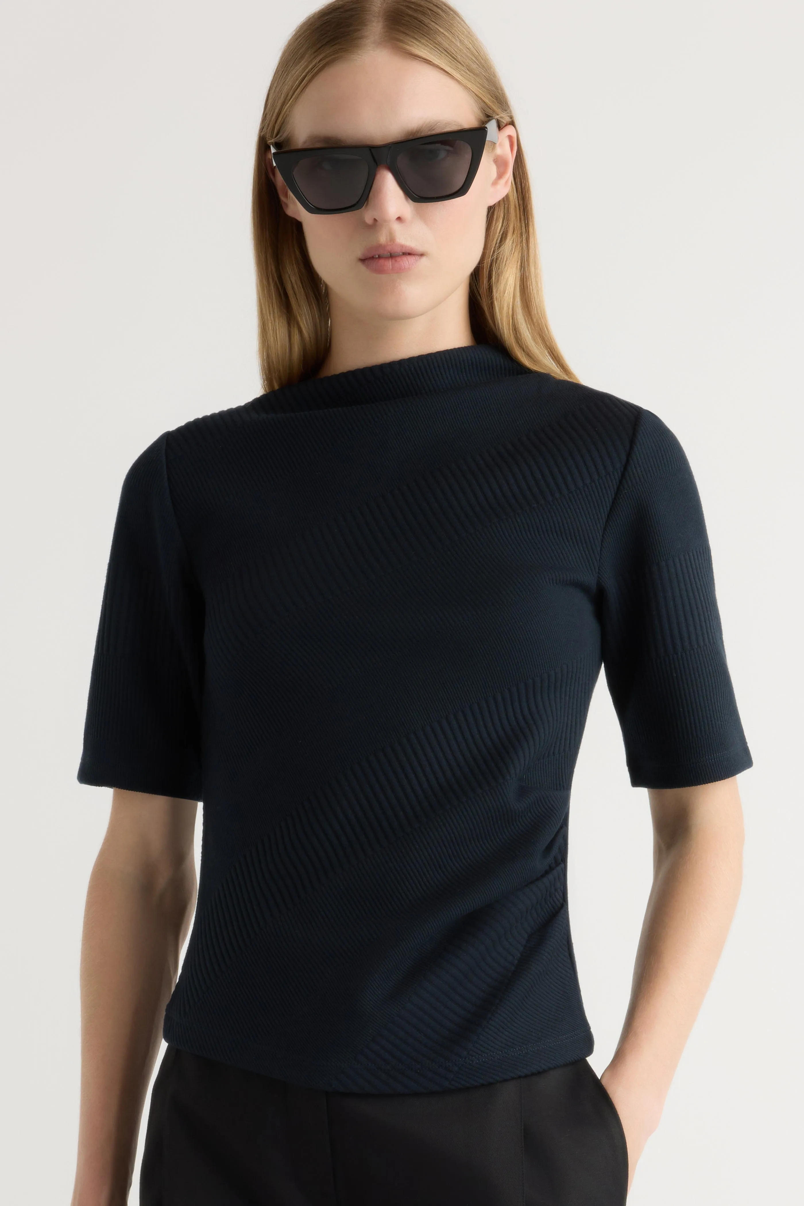 Pauline Ribbed Asymmetric-Neck Top Bold Design