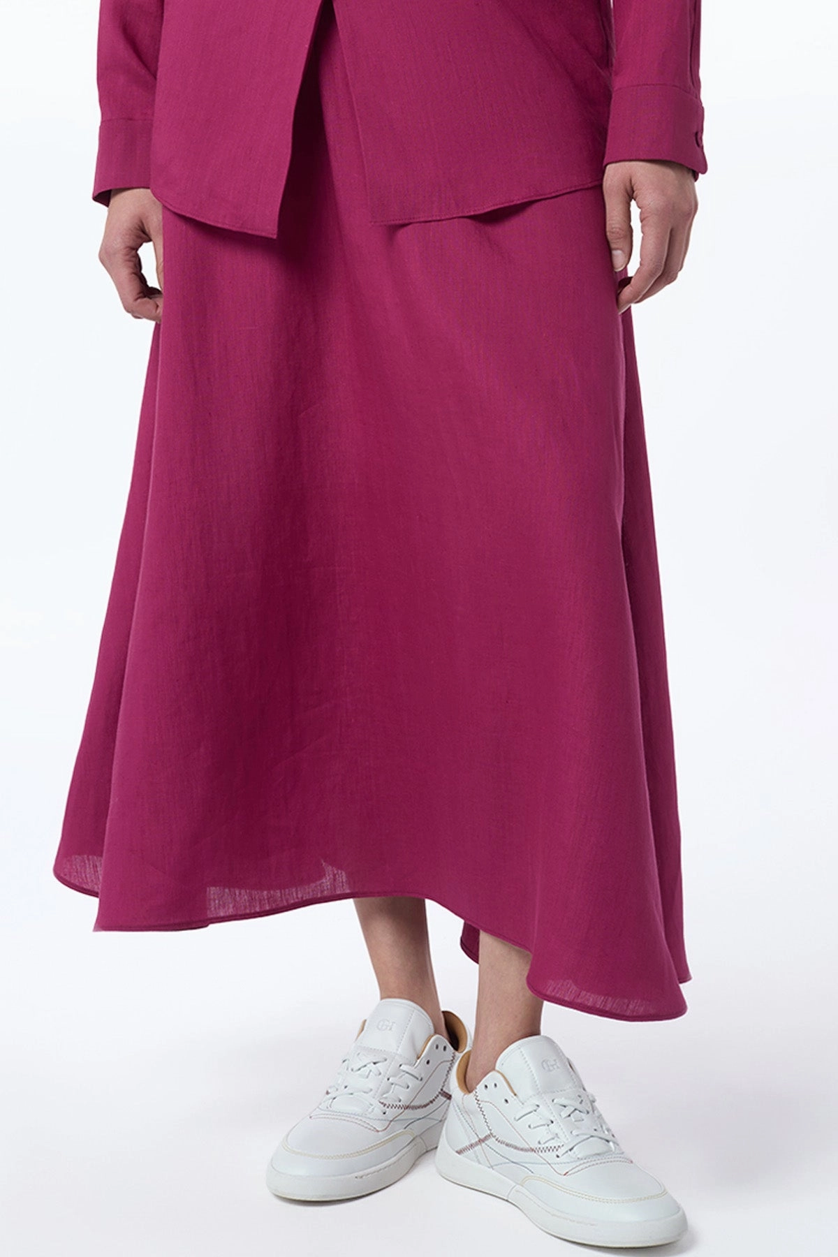 Penelope Midi Skirt in Raspberry Aloe Linen Refined Texture