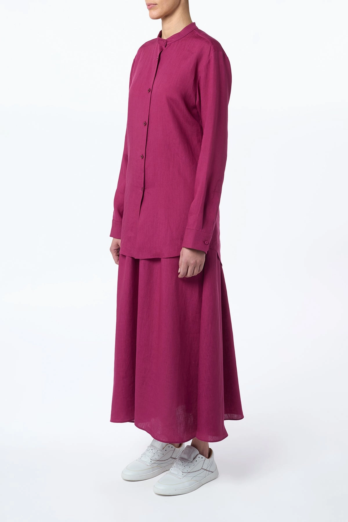 Penelope Midi Skirt in Raspberry Aloe Linen Scalloped Edge Tonal Look