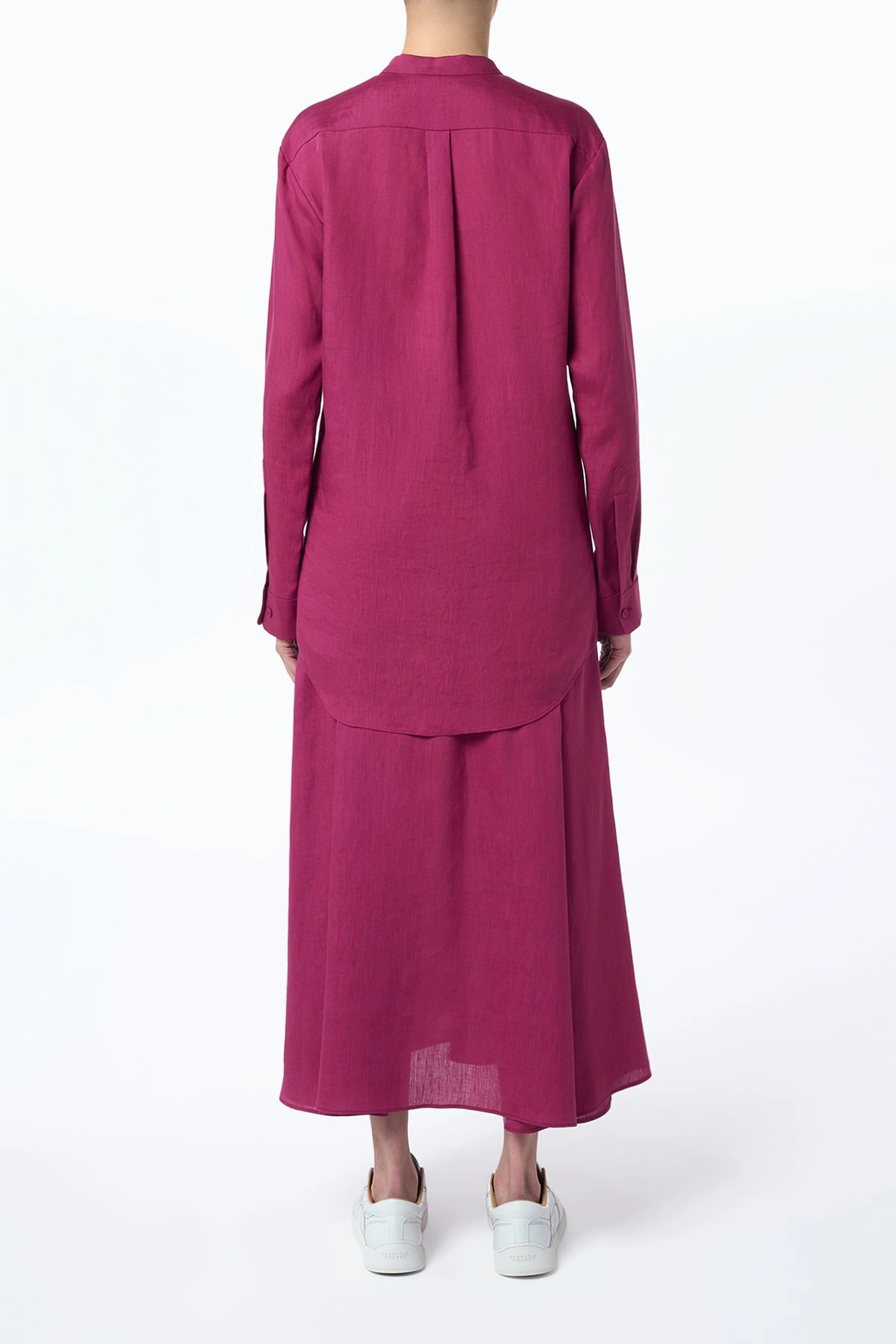 Penelope Midi Skirt in Raspberry Aloe Linen Refined Edge Water Repellent Finish