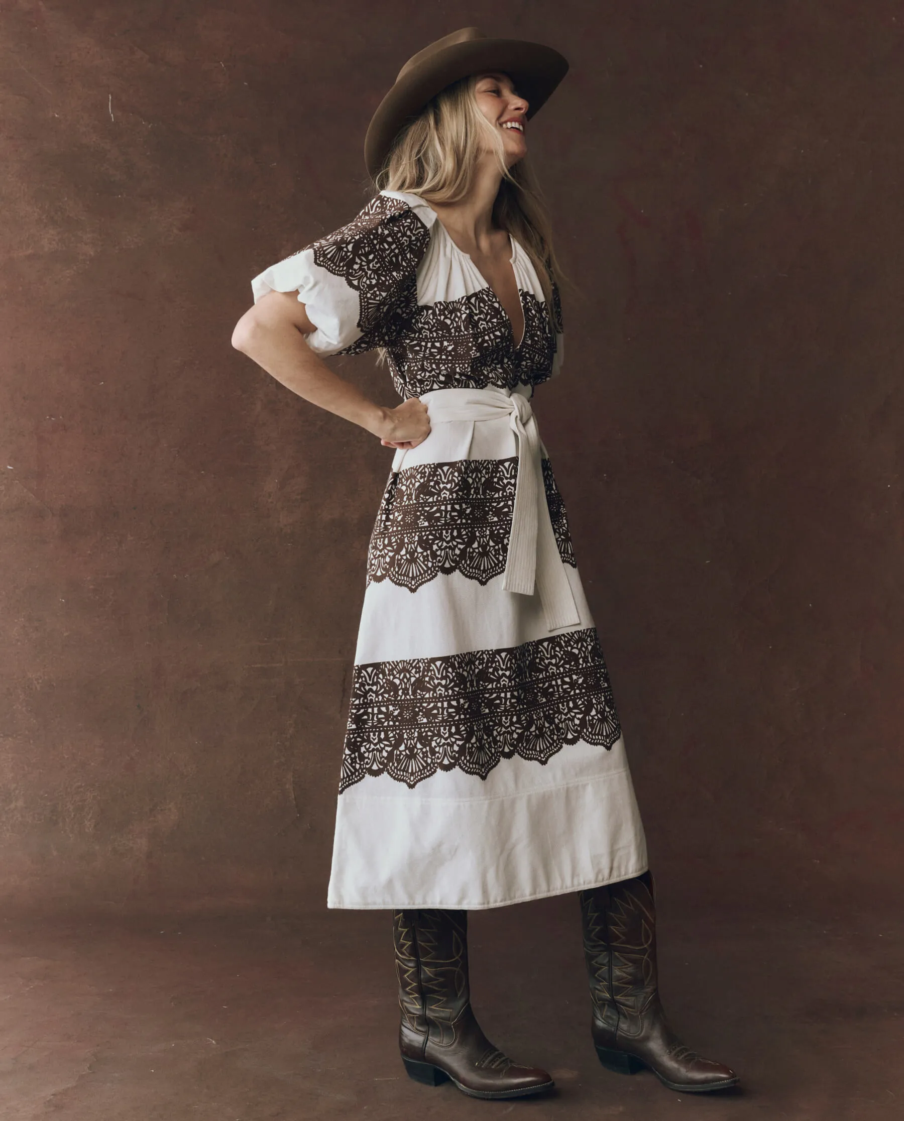 Warm Season The Fairground Dress. -- Cream With Western Lace Print