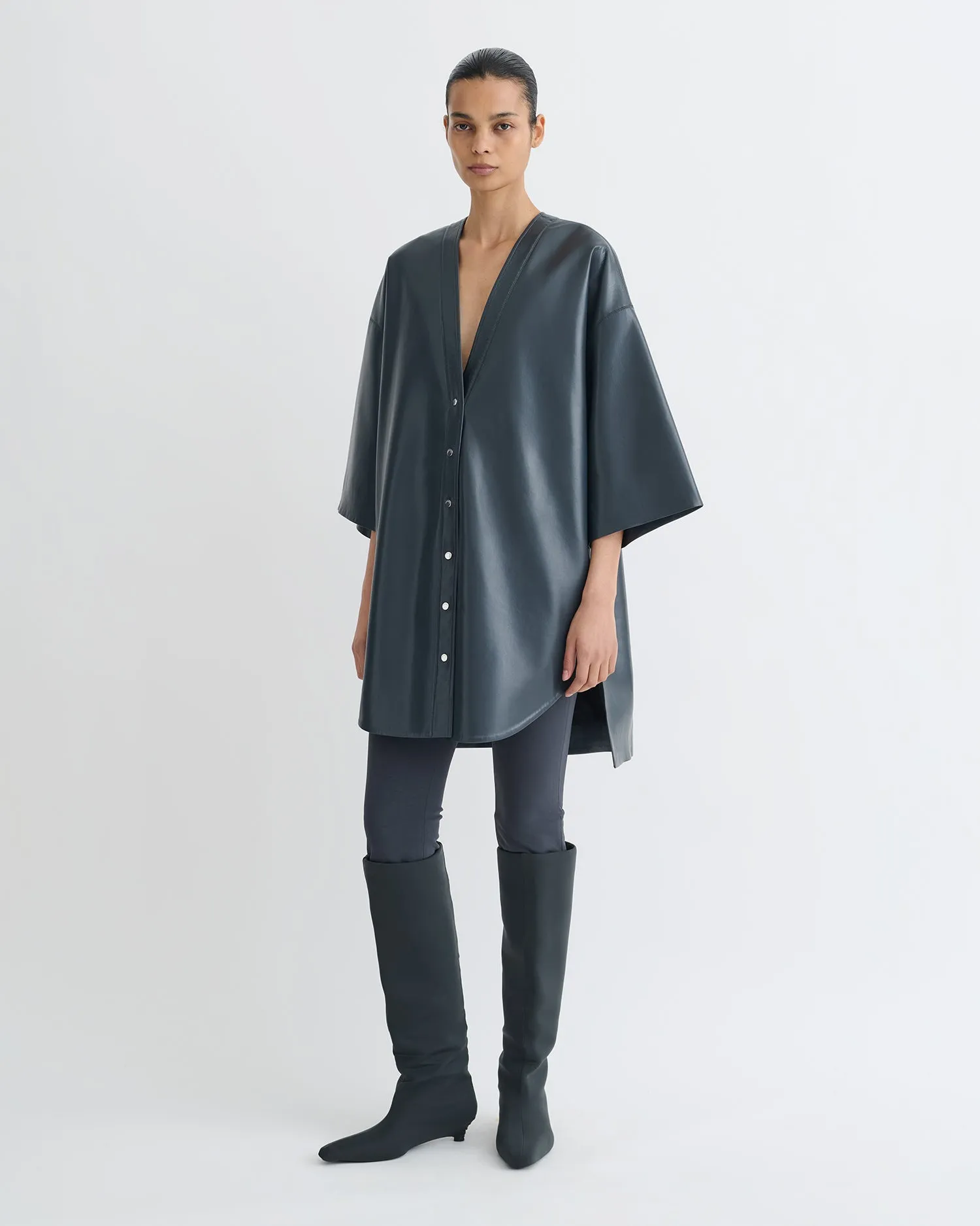 Shimmer-Finish Ingar - Okobor? Alt-Leather Mini Dress - Steel Blue