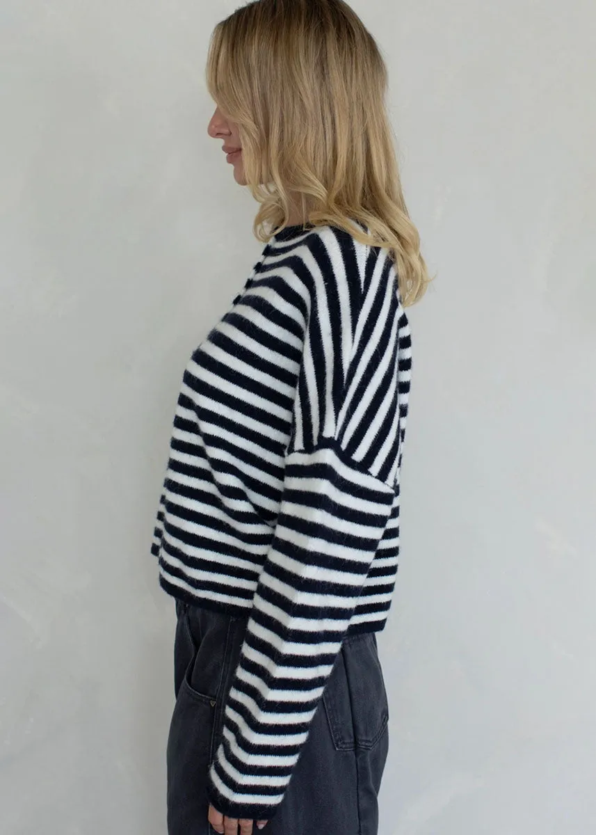 Anti Snag Threadwork Yarn Dyed Fabric Piper Striped Cardigan - Ivory & Navy