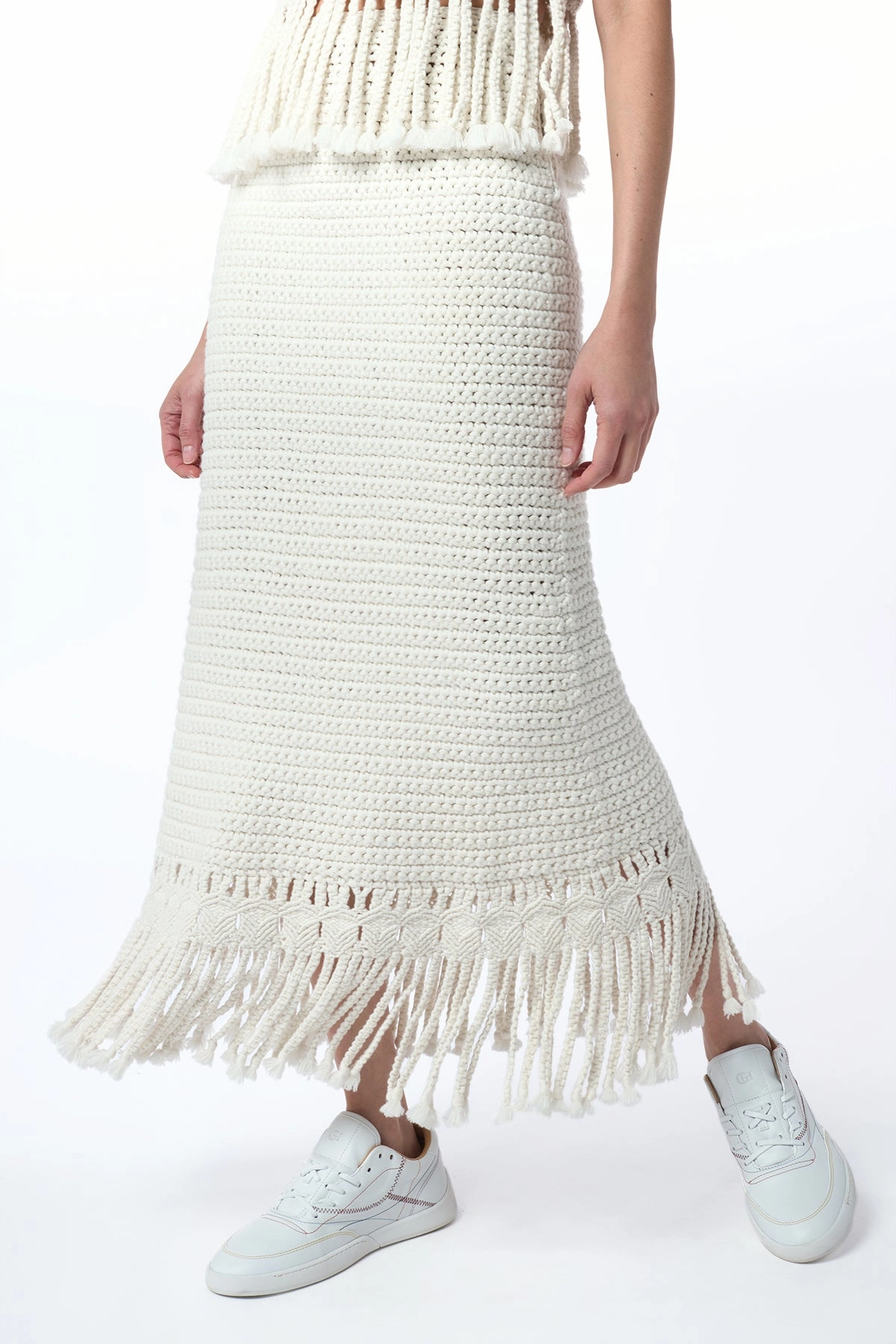 Cozy Tones Macha Fringe Crochet Maxi Skirt in Ivory Cashmere