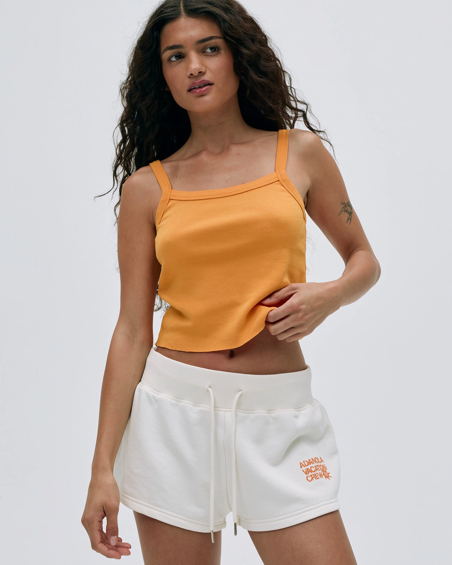 Comfortable Design NonIrritatingTags Vacation Mini Sweat Shorts - Marshmallow White/Mango Orange