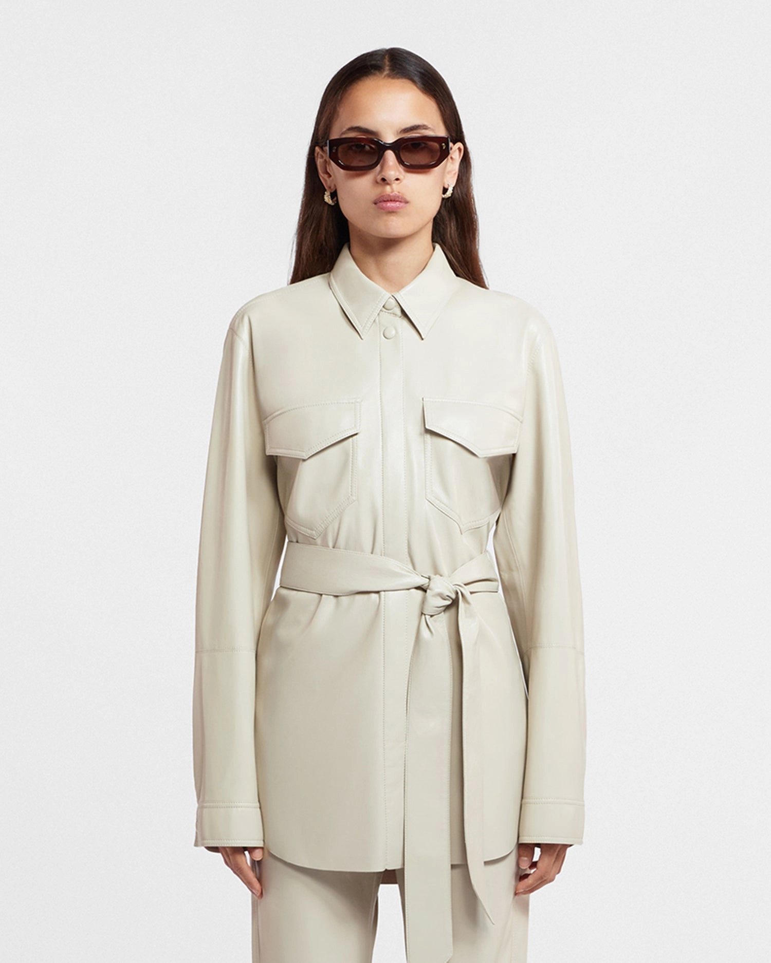 Roomy Cut Embroidered Detail Artha - Okobor? Alt-Leather Shirt - Creme