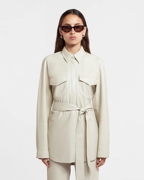 Roomy Cut Embroidered Detail Artha - Okobor? Alt-Leather Shirt - Creme