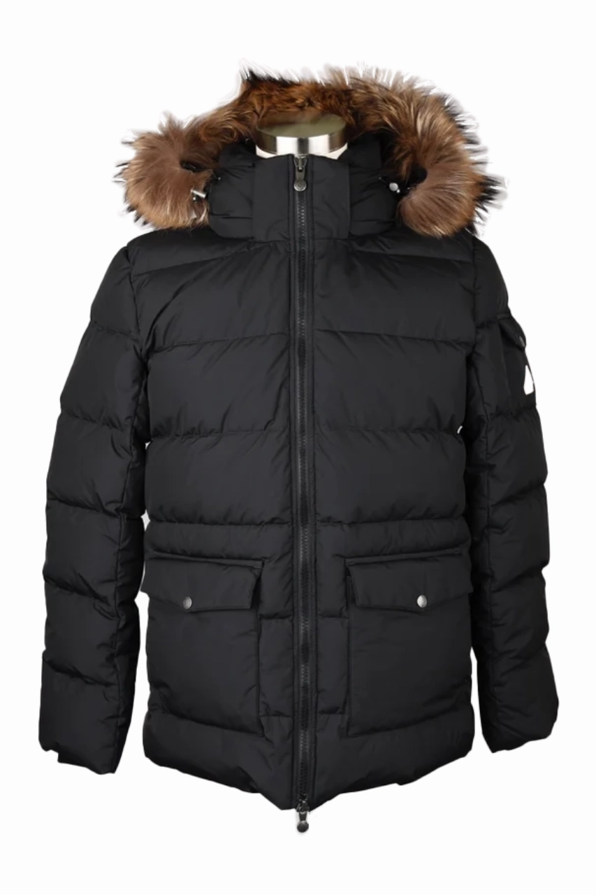 MultiPocket Layout Quilted Puffer Jacket With Fur Hood-Black