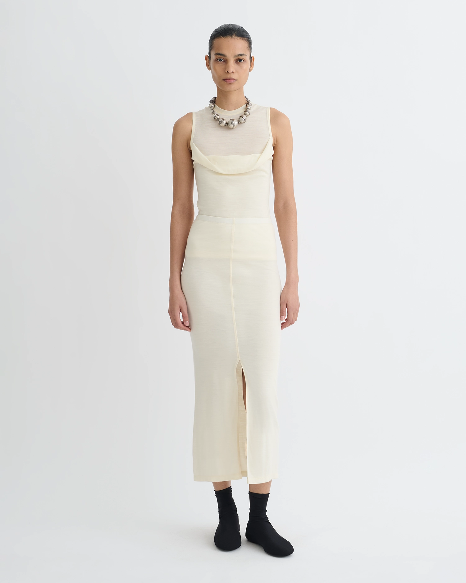 Rafa - Wool Jersey Midi Skirt - Creme Formal Event Double Layered Design
