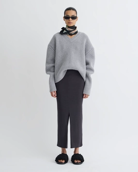 Striped Design Layered Look Rafa - Wool Jersey Midi Skirt - Grey