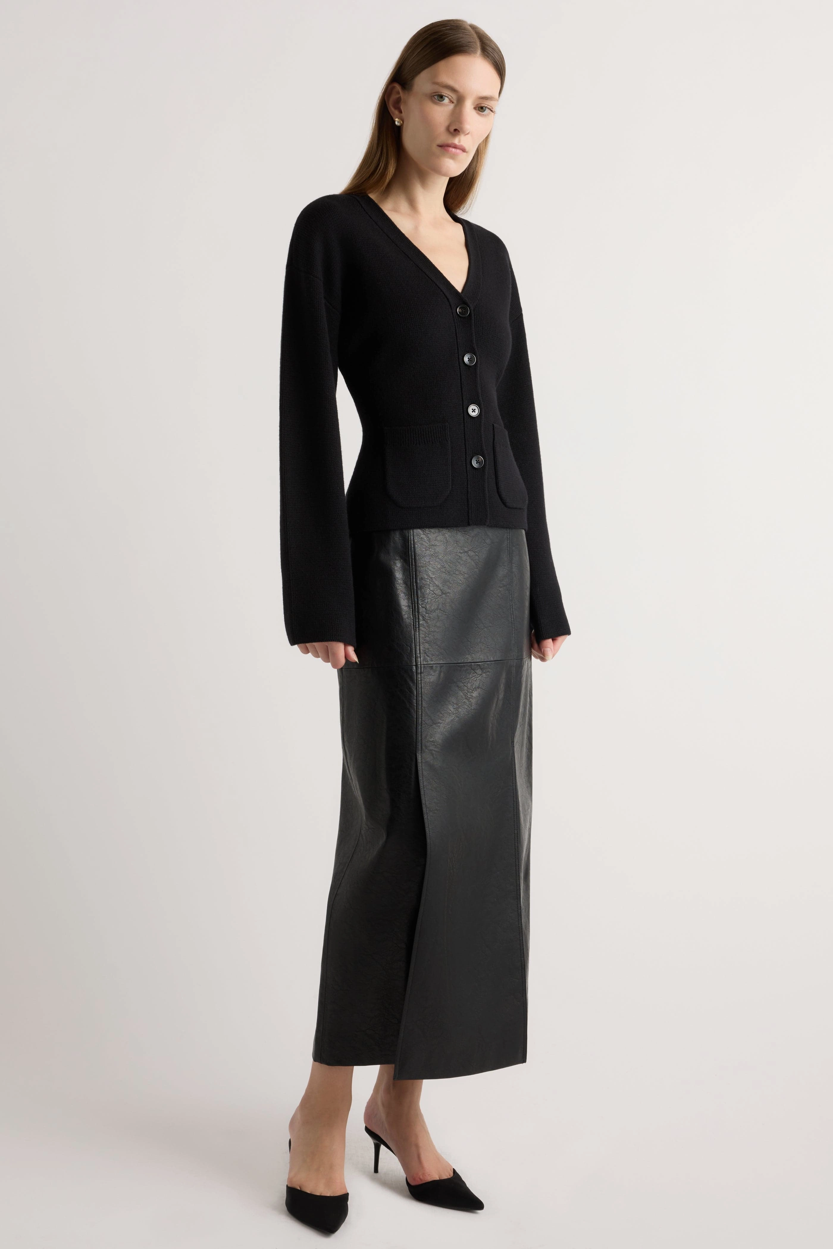 Side Pockets Texture Shot Rama Front-Vent Vegan Leather Skirt