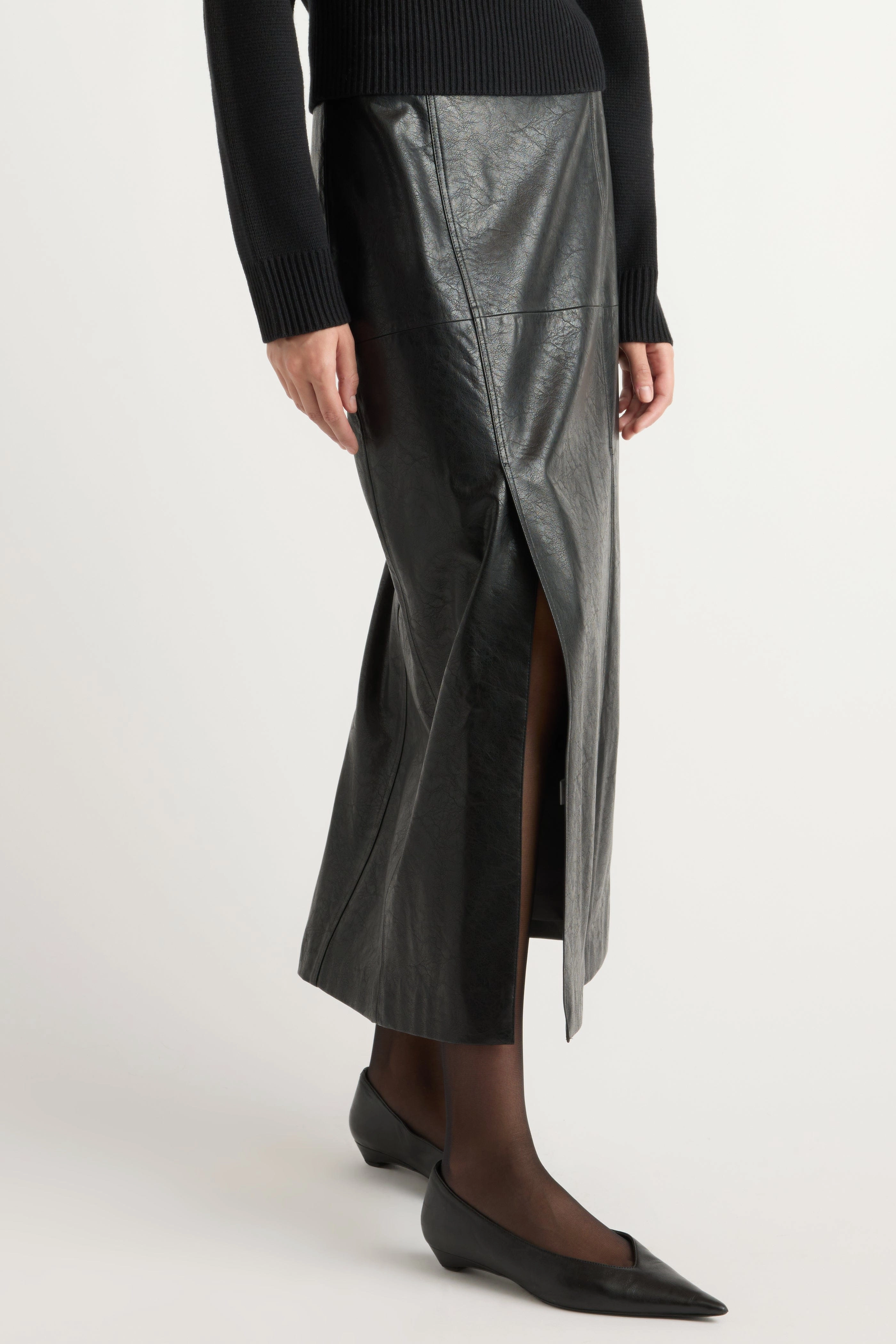 Rama Front-Vent Vegan Leather Skirt Refined Sophistication Rolled Hem