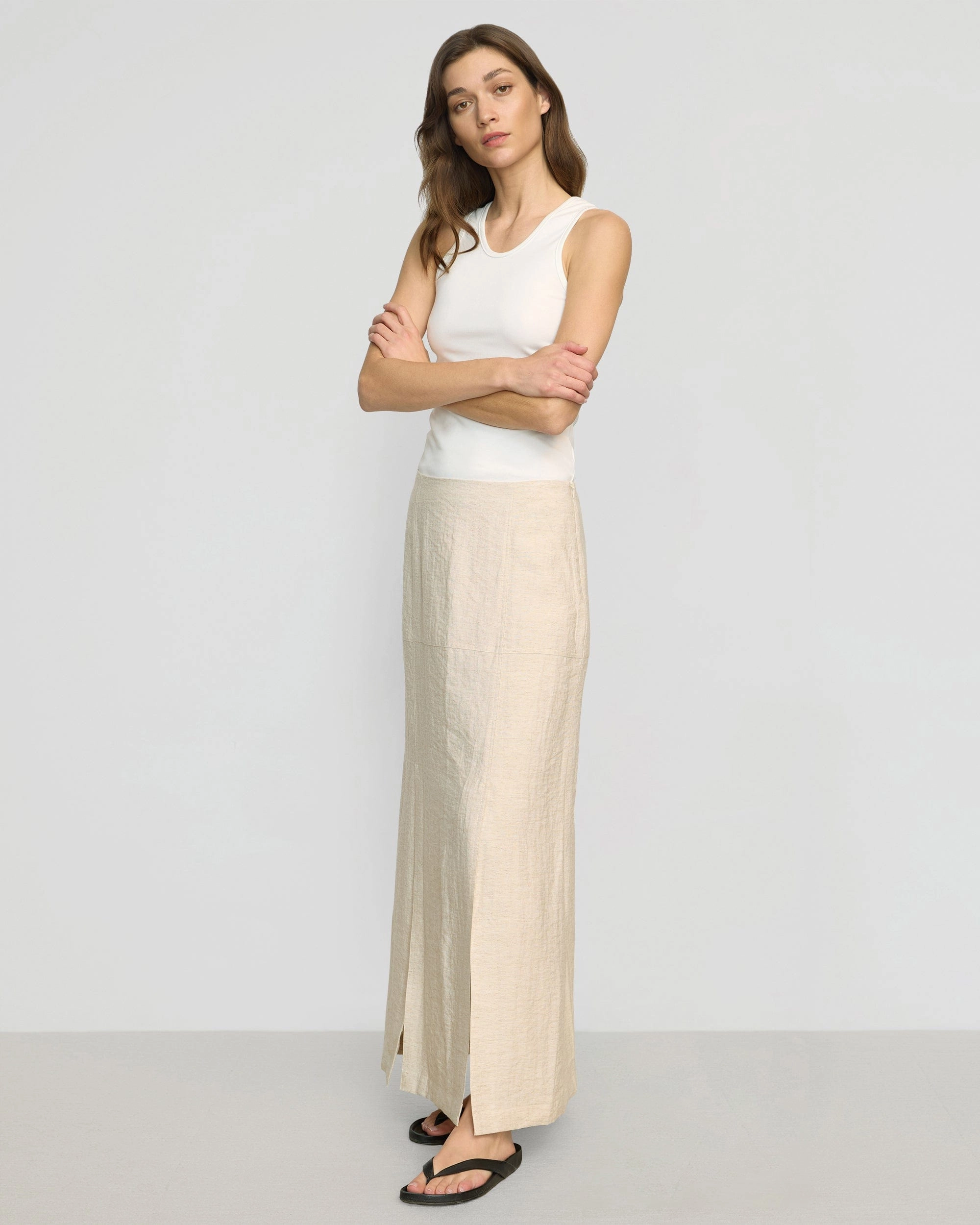 Ranni Front-Vent Linen-Blend Skirt Stretch Waist