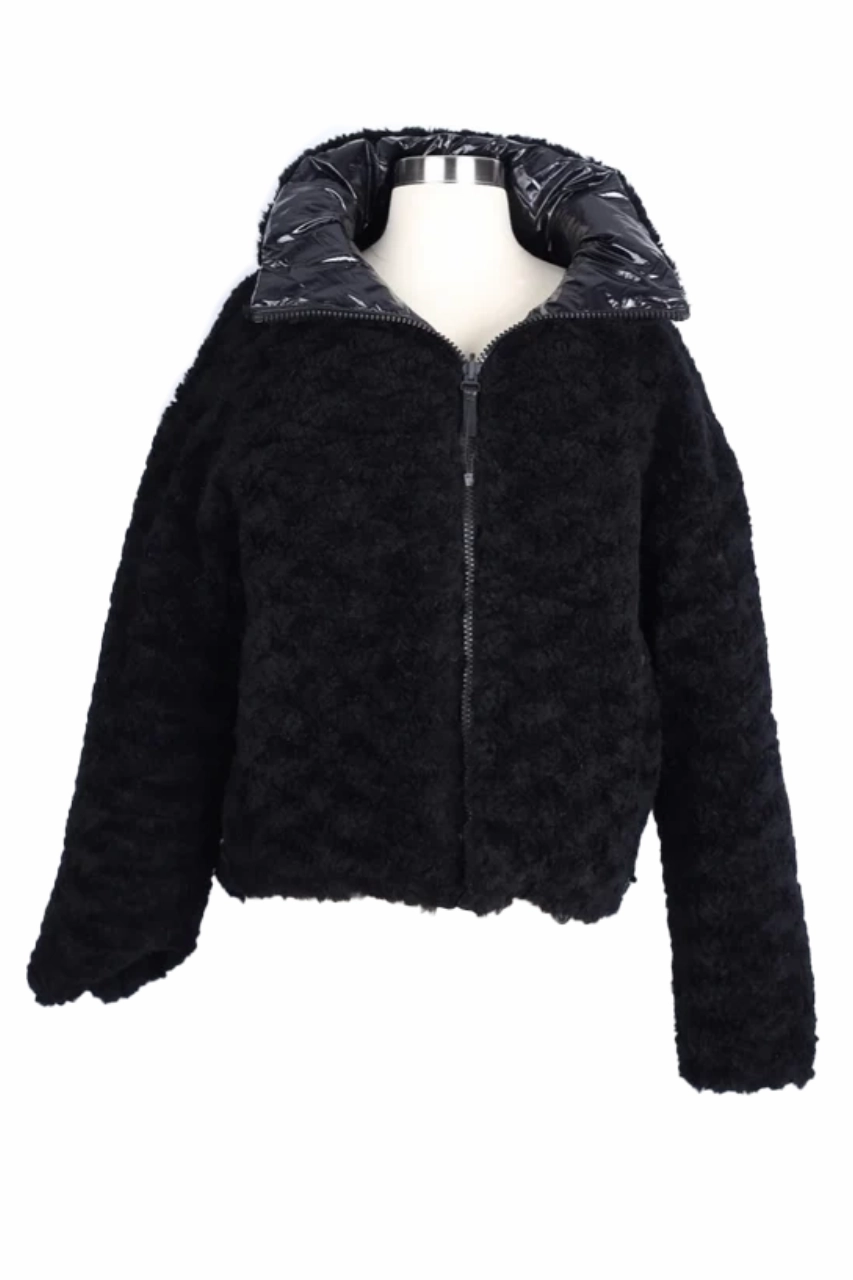 Down Stuffed Wrinkle Free Texture Reversible Fur/Poly Down Puffer Jacket